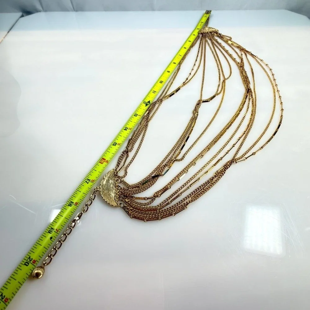 Vintage Multi Strand Necklace Bib Gold Tone Chain  Adjustable 17
